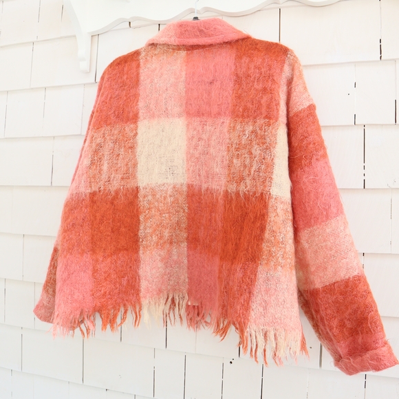 Upcycled Mohair Blanket Jacket With Fringe Plaid Vintage Wool M • L • XL • 2XL - Picture 4 of 10